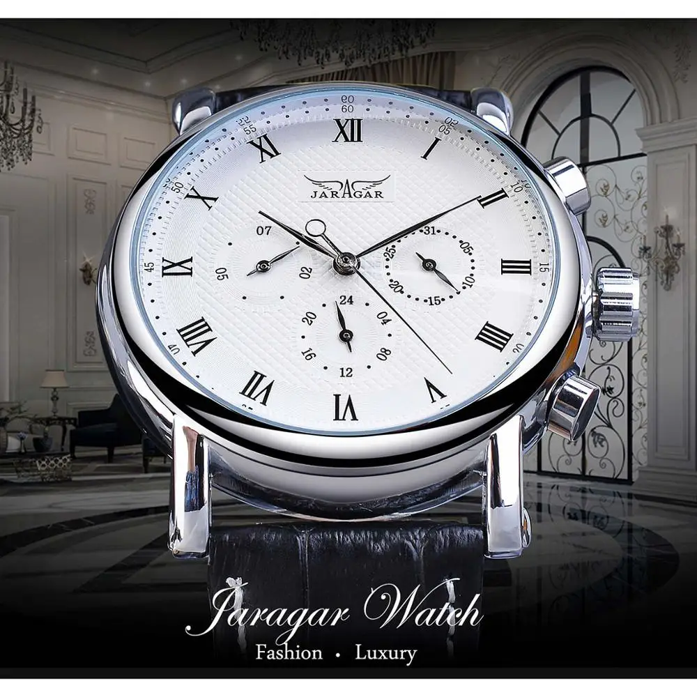Jaragar-relógio de Couro Genuíno Masculino Relógio de Pulso Branco Relógio Automático Mostrador Minimalismo Data Marca Masculina - Image 2