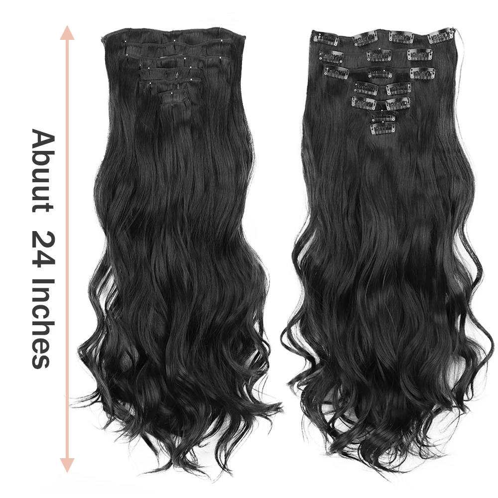 Synthetic 24Inch 16 Clips In Hair Extensions 7Pcs/Set Long Wavy Hairstyles Blonde Brown Heat Resistant Hairpiece For Women