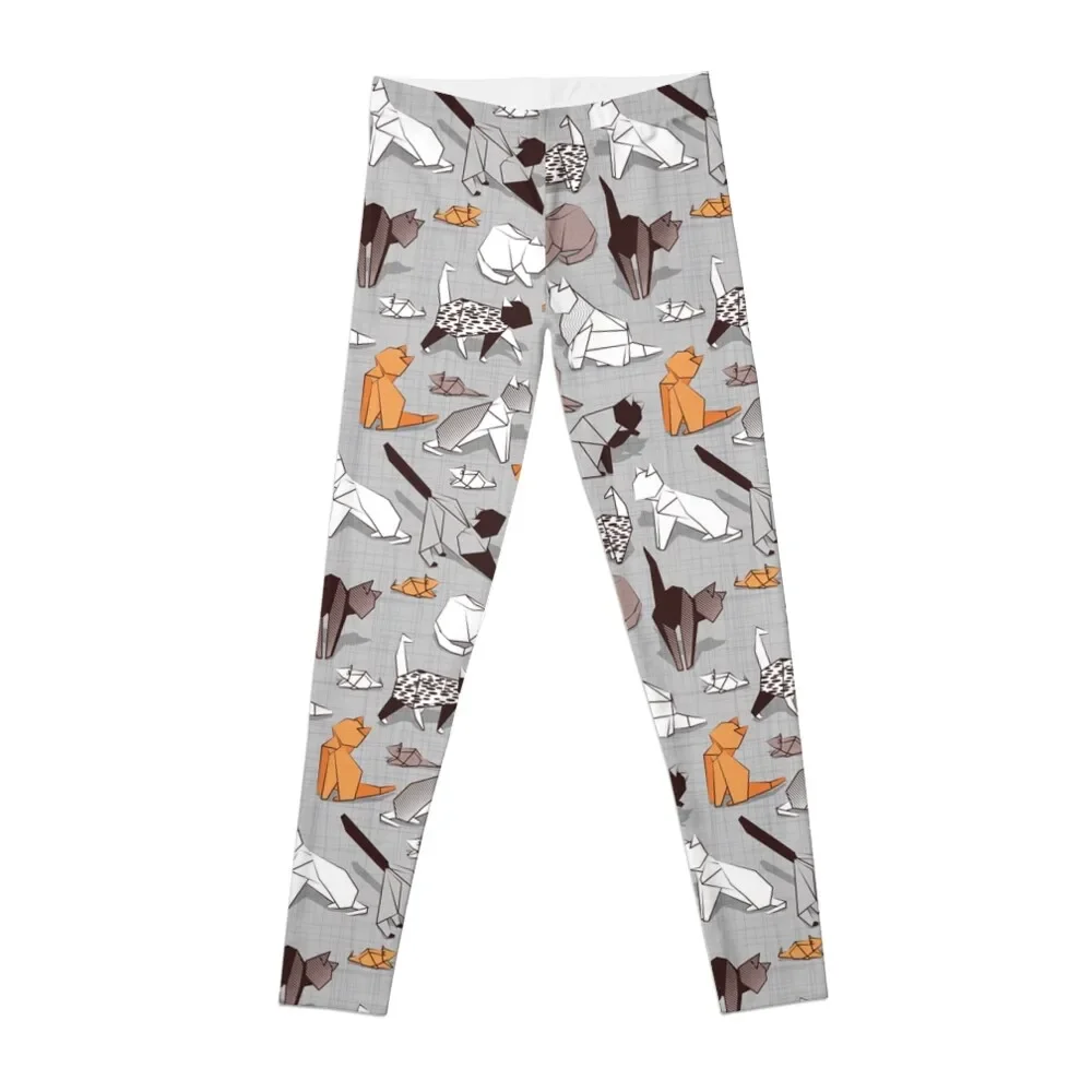 

Origami kitten friends // grey linen texture background paper cats Leggings Golf wear joggers for Pants sport Womens Leggings
