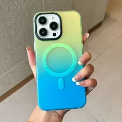 Colorful Shockproof Luxury Magsafe Case with Laser Gradient Design for iPhone 14 (Green blue)