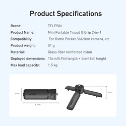 TELESIN Mini Quick Release Universal Tripod Hand Grip with 1/4 Screw Adapter (Mini Tripod)