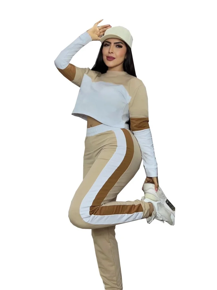 Wmstar Two Piece Set Women Wholesale European American Fashion Color Blocking Long Sleeved Pullover Sporty Casual Trousers