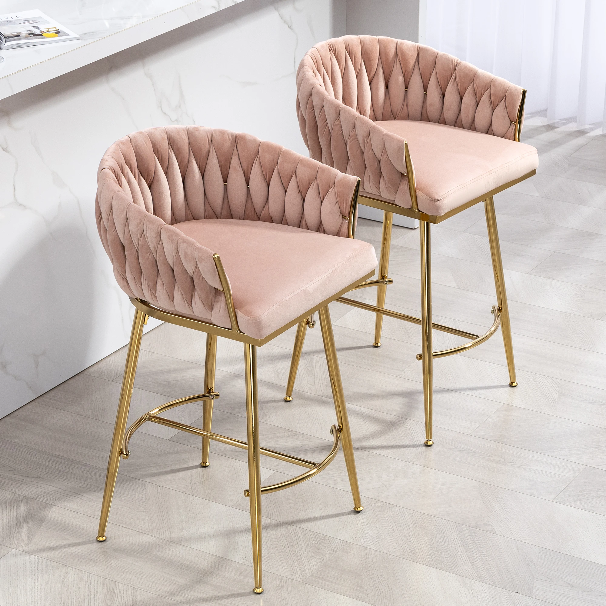 26'' Counter height bar stools Set of 2,velvet kitchen island counter bar stool with hand- wave back，Pink