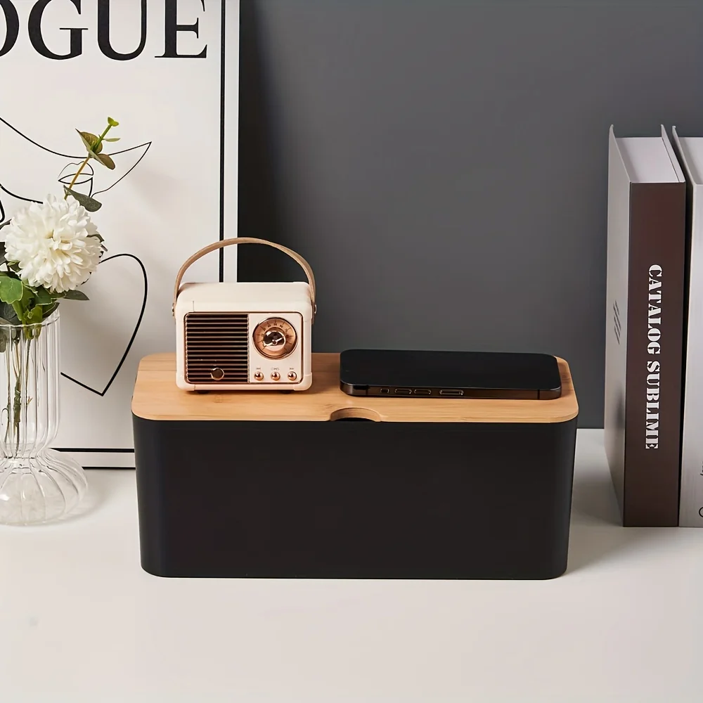 Desktop Storage Box with Bamboo Wooden Cover Hole Electrical Wire Storage Box Desktop Storage Makeup Organization Home Supplies 3