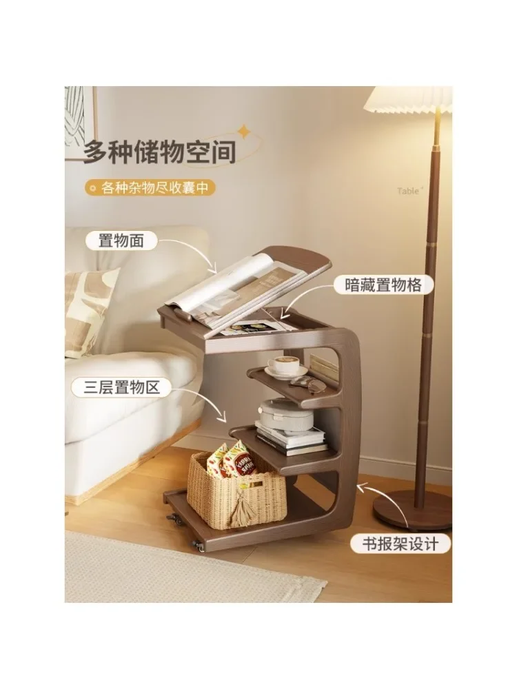 Solid Wood Sofa Side Table Movable Living Room with Wheels Side Cabinet Bedside Supporter Household Coffee Table Small