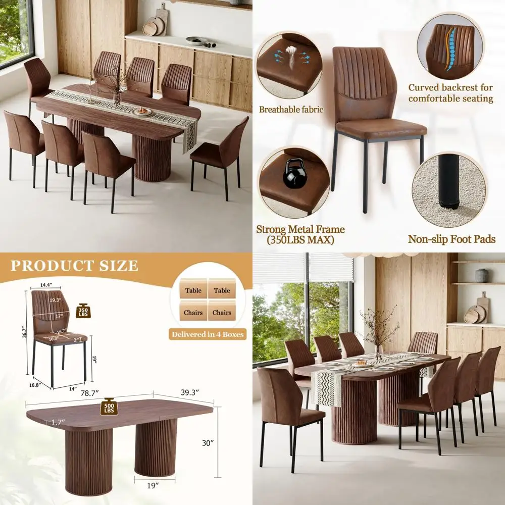 8-Seat Rectangular Dining Table Set with Cushioned Chairs for Modern Mid-Century Wood Dining Room
