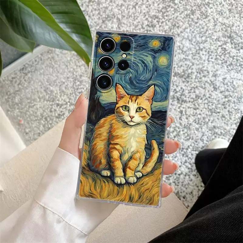 Cat Van Gogh Starry Night Oil Painting Clear Phone Case