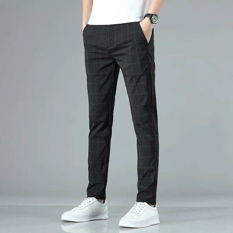 

Spring Autumn Casual Pants Men Stretched Nylon Silk Cooling Slim Breathable Business Straight Long Trousers Male
