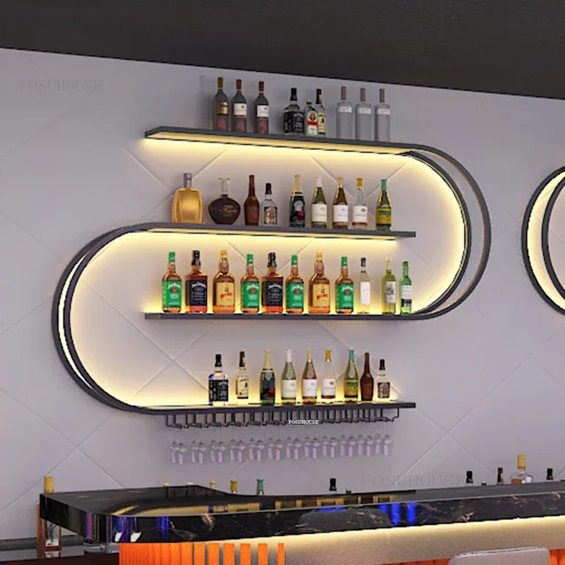 Nordic Iron Art Wine Cabinets with Light Wall Mounted Wine Rack Creative Geometric Art Restaurant Showcase for Bar Furniture
