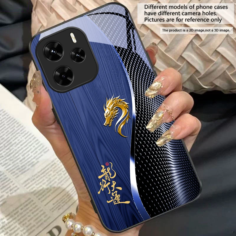 Elegant Black Tempered Glass Phone Case with Traditional Dragon Totem Design