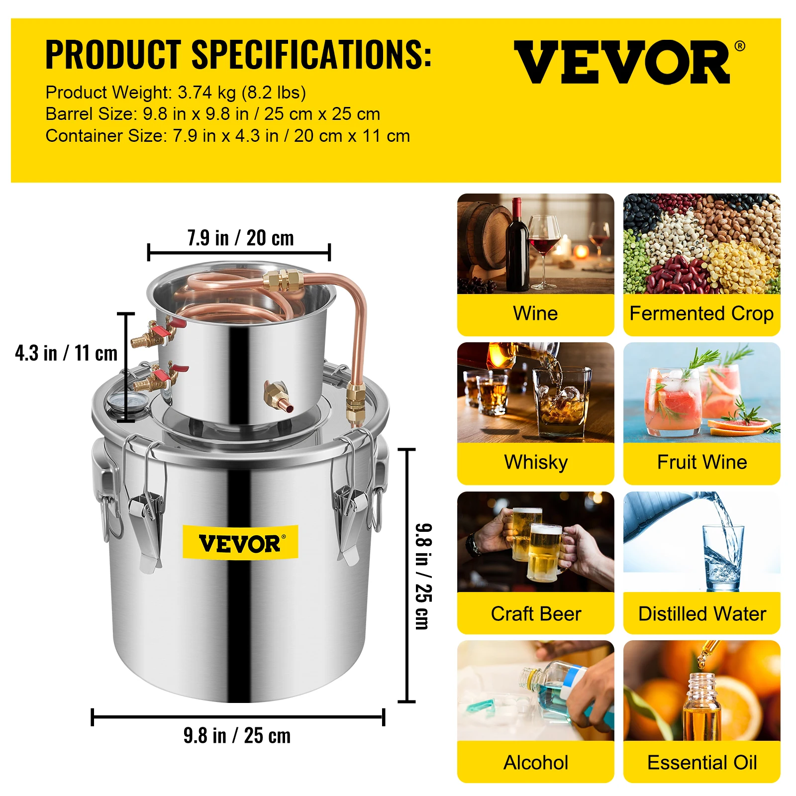 VEVOR-Moonshine Destilador de álcool, cobre inoxidável, DIY Home Brew Brew, Água Wine Kit Óleo Essencial Brewing, Moonshine, 3, 5, 8, 13 gal