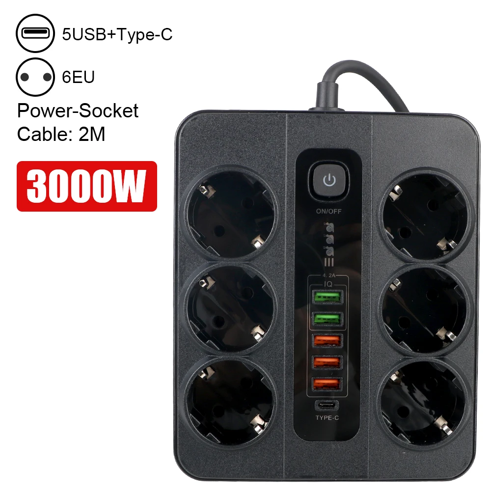 Extension Socket EU Plug With Safety Switch For Office Home Overload Protection 3000W 2M Cable Power Strip USB Type C
