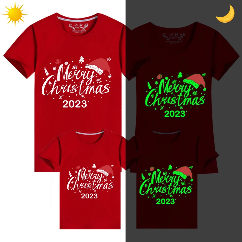 

Family Matching Christmas Tops Exclusive Design Luminous 2023 Merry Christmas Hat Family Christmas T-shirt