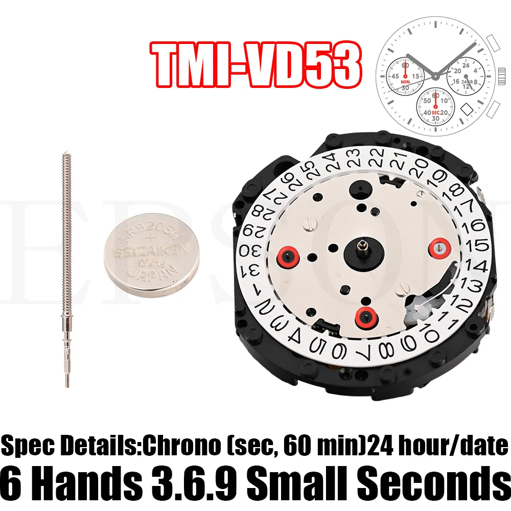 

VD53 Movement TMI VD53-3 Movement Size: 12 ¾‴ Height: 4.57mm 6 hands Chrono (sec, 60 min) 24 hour/date 3,6,9 Small Seconds