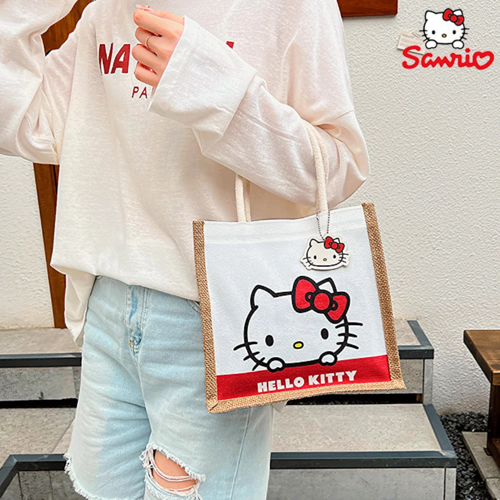 

Kawaii Sanrio Hello Kitty Tote Handbag Anime Kuromi My Melody Women Linen Shopping Bag Fashion Portable Outdoor Storage Bag Gift