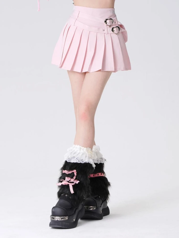 ADAgirl Y2k Pink Pleated Skirt Women High Wasit Above Knee Mini Skirt Irregular Heart Belt Graphic Buttons Korean Style Skirt