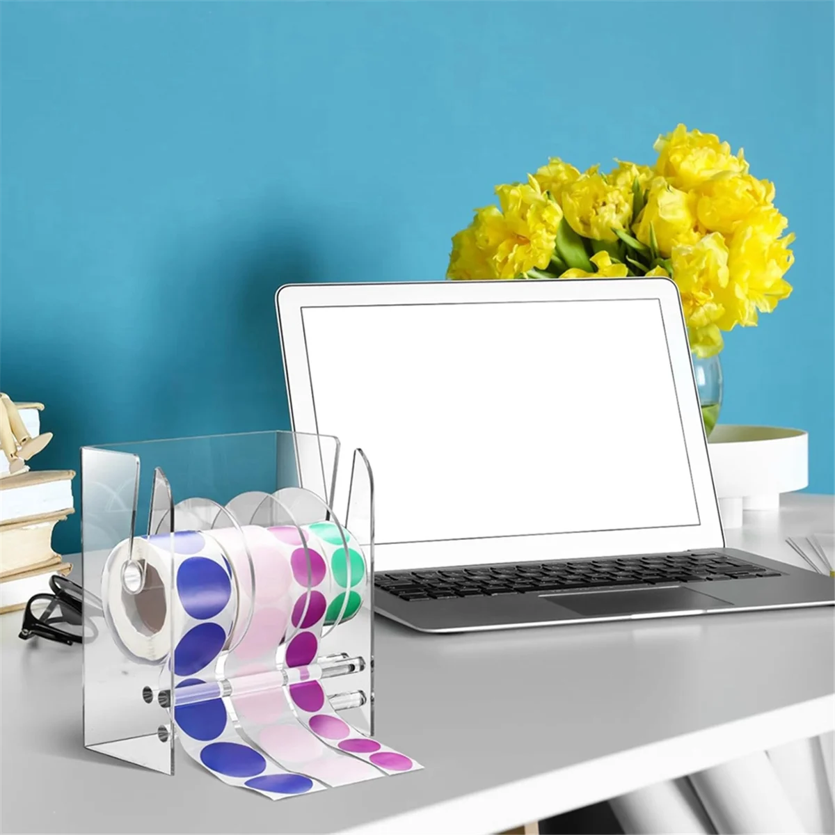 A04R-Adjustable Label Dispenser Acrylic Sticker Roll Dispenser Sticker Roll Holder Clear Label Holders Holder 4 Disks