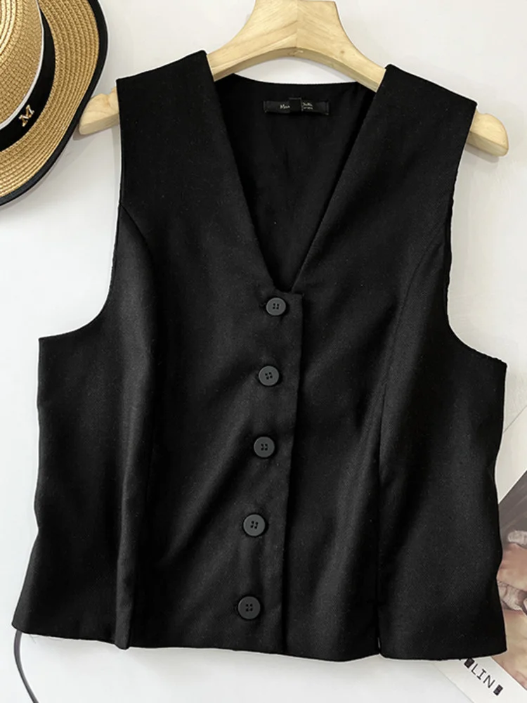 

Women Fashion V-neck Vest Back Metal Buckle White Linen Cotton Suit Sleeveless Jacket 2023 Summer New Single Breasted Top Y861