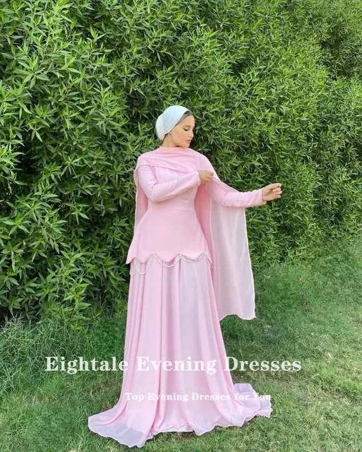 Eightale Arabic Evening Dresses Pink Long Sleeves Mermaid Satin Pearls A-Line Muslim Customized Prom Party Gowns for Wedding 4