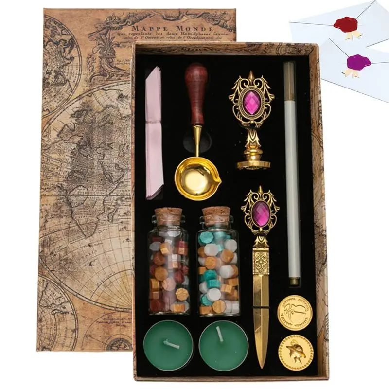 

Vintage Fire Lacquer Wax Set Sealing Wax Stamps Kit Portable Fire Paint Wax Replaceable Stamps Set For Gift Wrap Envelope