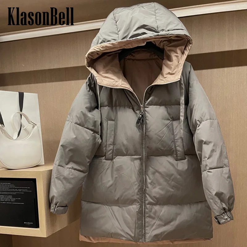 

11.22 KlasonBell Fashion Casual Double-Sided Wear Hooded Loose Mid-Length Zipper 90% White Duck Down Jacket Women