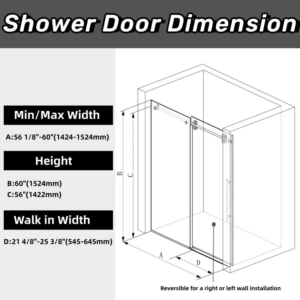 60x60 Frameless Sliding Tub Door Handle Glass Bathtub Shower Door 5/16" 8mm Clear SGCC Tempered Adjustable Walk-in Stainless 6