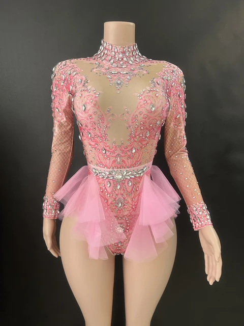 Sparkly Rhinestones Bodysuit Women ElasticPink Mesh Ruffles Crystal Leotard NightclubDancer Costume Stage Wear Party Outfit 7G 1