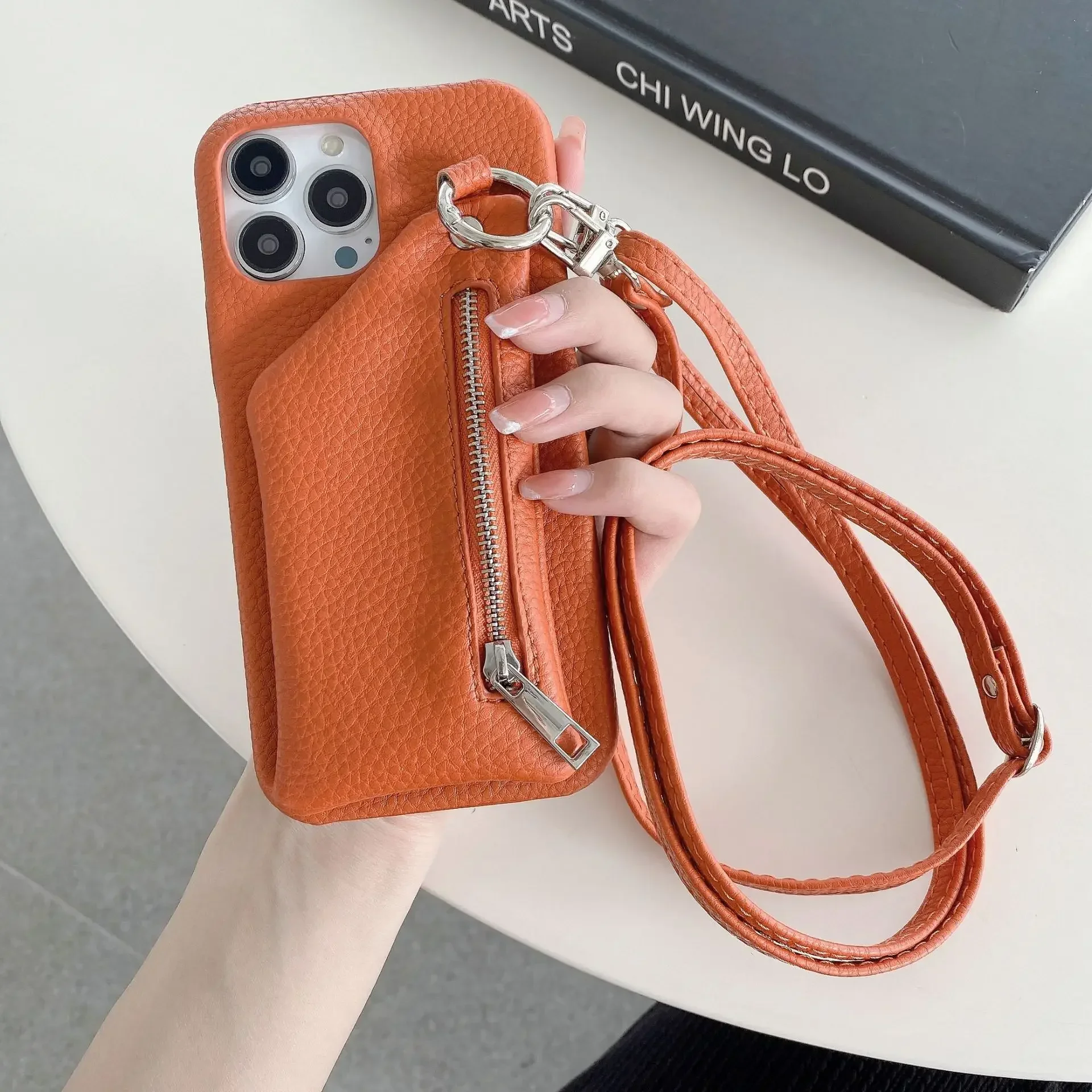 Zipper Wallet Crossbody Lanyard Phone Case with Card Pocket and Coin Purse in Leather