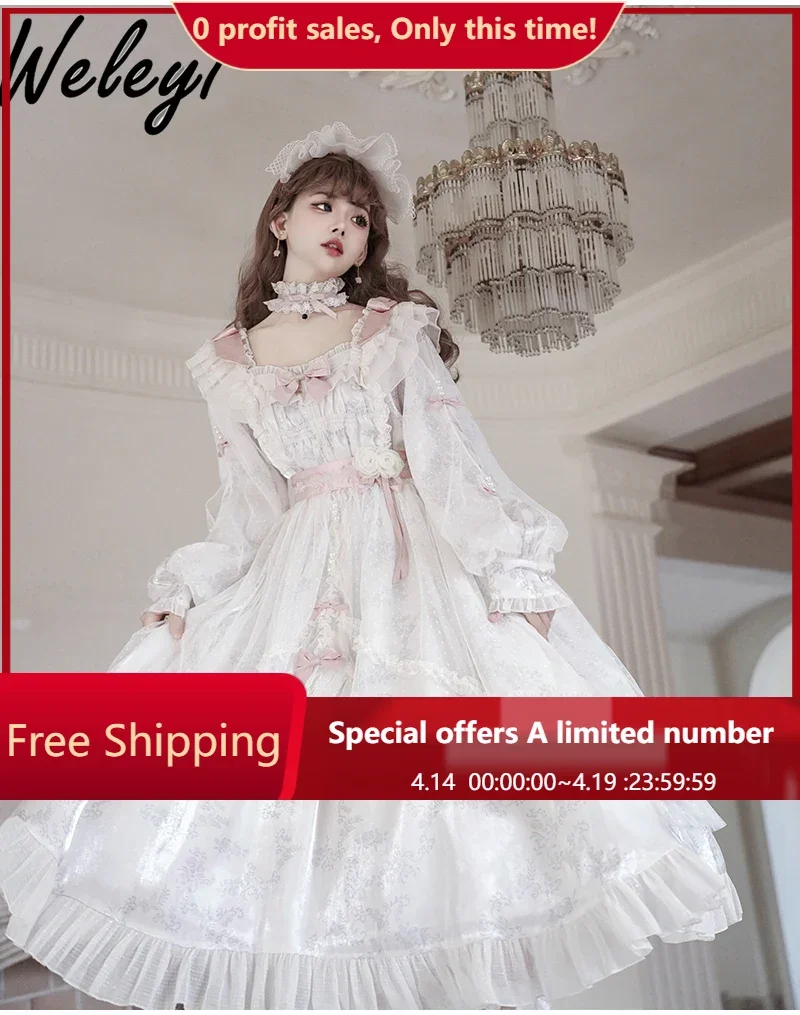 

Original Lolita Ruffled Bow Belted Op Dress Woman Retro Elegant Classic Daily O Neck Beaded Long Sleeve White Dresses for Women