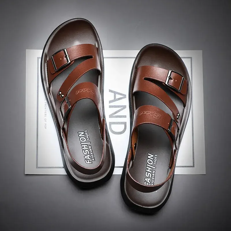 Men's Sandals Solid Color PU Leather Men's Summer Shoes Casual Comfortable Open Toe Sandals Soft Beach Shoes leather sandals,summer sandals