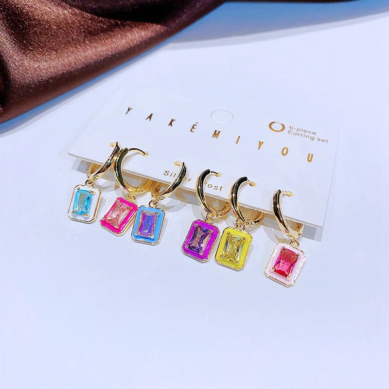 Yakemiyou 6pcs Multicolor Zircon Crystal Rectangle Huggie Hoop Earrings Set Luxury Women Jewelry 4