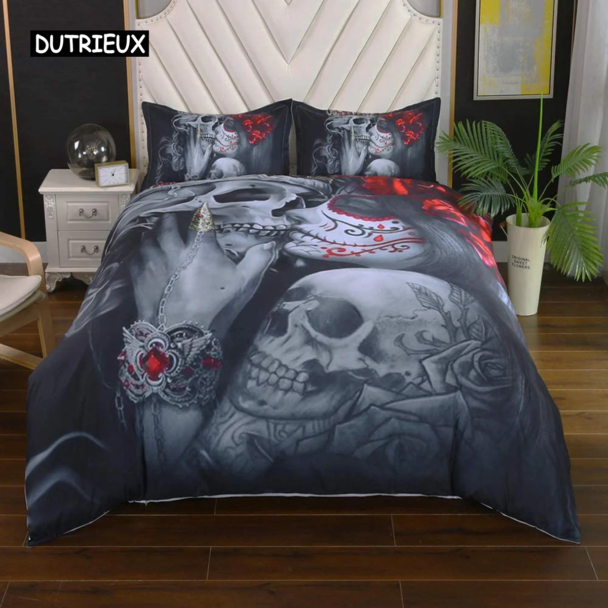 

Bedding Duvet Cover Sets,3D Dead Sugar Skull Girl Kissing Skull Home Bedding Set.Included: Duvet Cover,Pillowcase