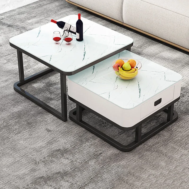 Square Nesting Coffee Tables Sets White Marble Mobile Center Table