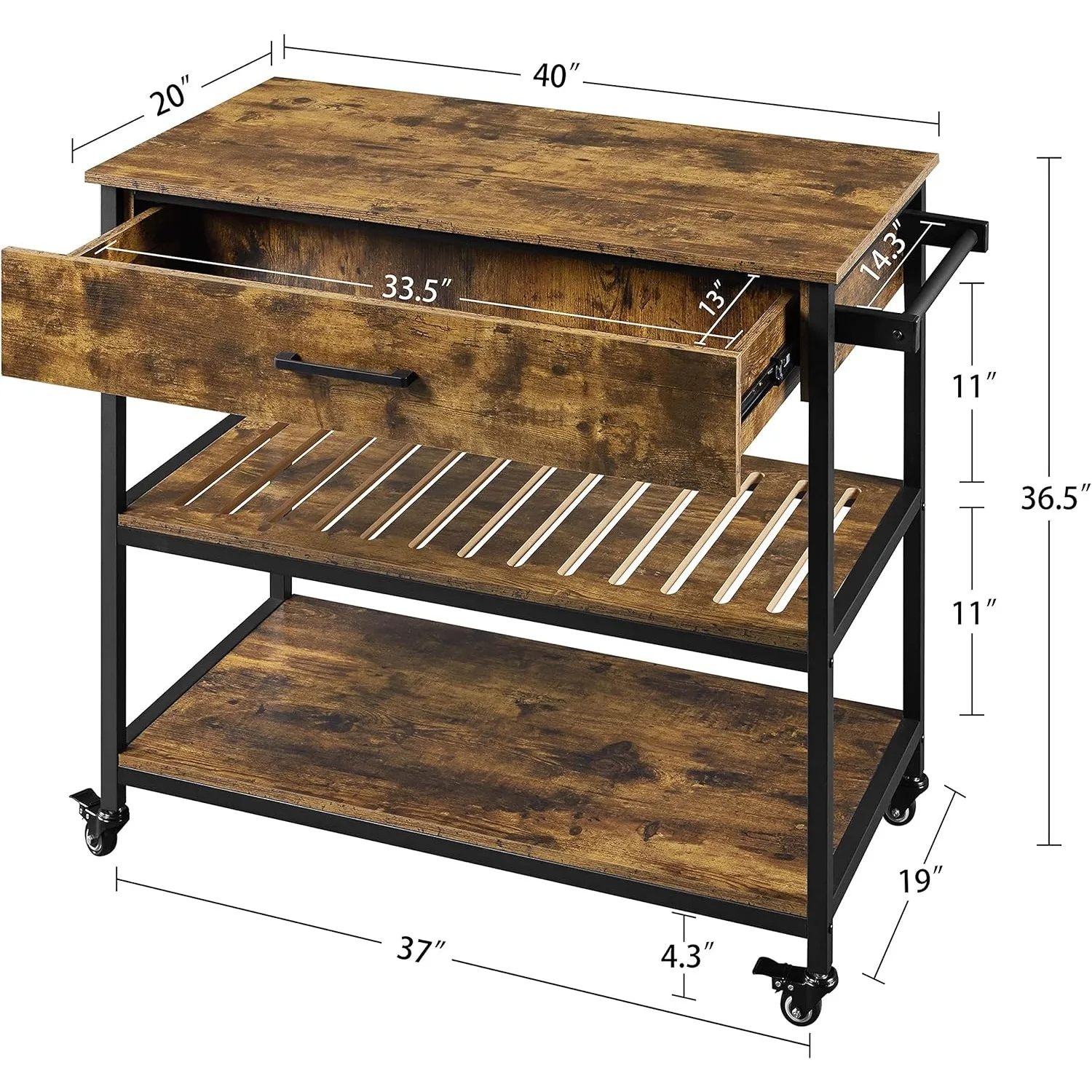 40 Inch Mobile Kitchen Island Cart on Wheels for Home Kitchen, 40 Inch Rolling Utility Trolley Cart,, Rustic Brown 4