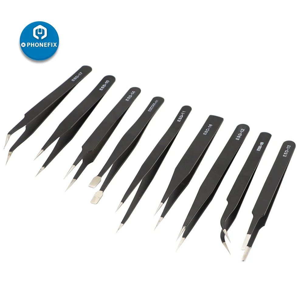 9PCS ESD Stainless Steel Tweezers Anti-static Tweezers for Mobile Phone PCB BGA Repair Maintenance Hand Tools with Carring Bag