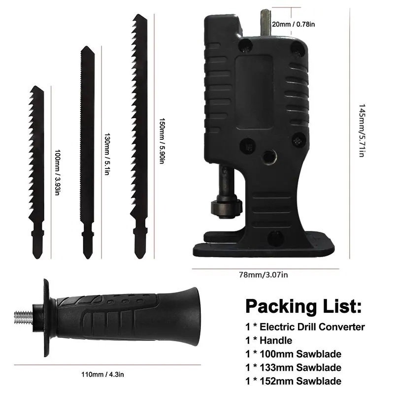 Portable Reciprocating Electric Saw Adapter Electric Drill Modified Tool Attachment with 3 Saw Blades for Wood Metal Cutting 4
