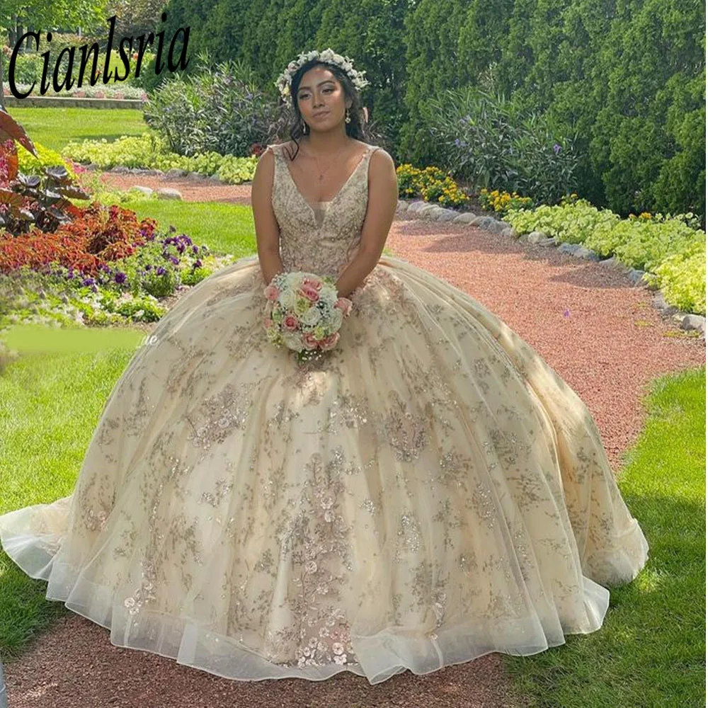 

Champagne vestido de 15 anos Quinceanera Dress 2023 Floral Applique Girls Pageant Dress Backless Sweet 16 Prom Gowns