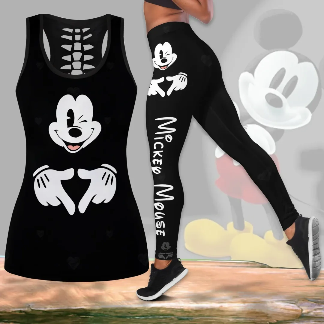 

Mickey Mouse Women's Hollow Vest + Womens Leggings Yoga Suit Fitness Leggings Sports Suit Disney Tank Top Legging Set Outfit