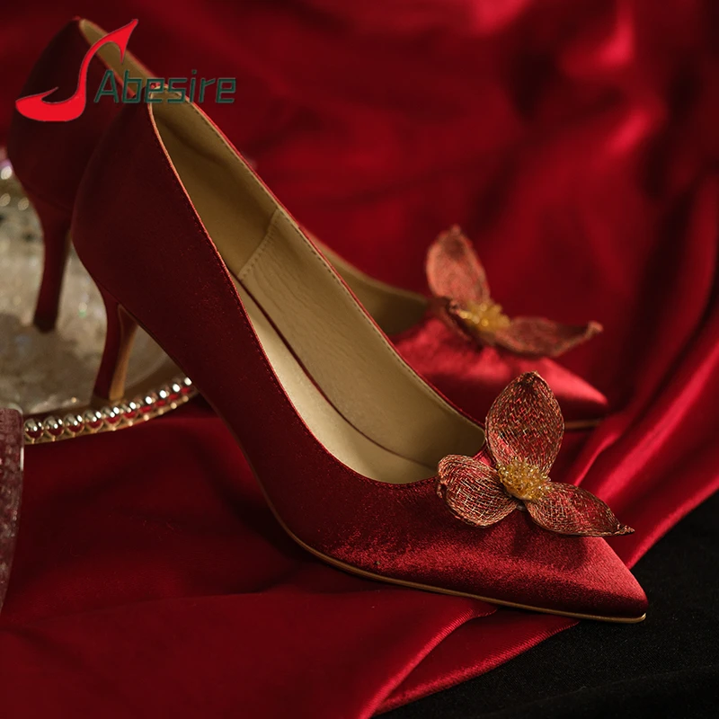 

Red Satin Women's Pumps Gold Flower Pointed Toe Thin High Heels Slip On Stiletto Elegant Banquet Party Wedding Female Shoes