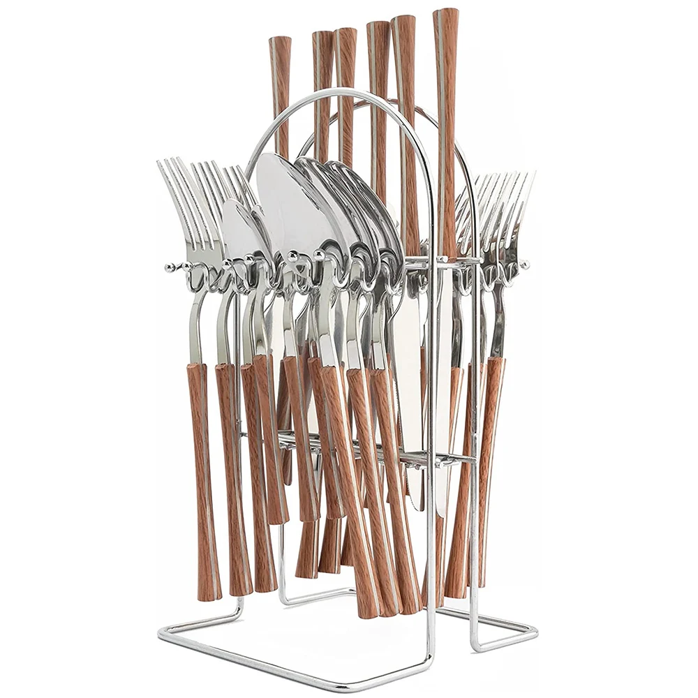 624PcsCreativeWoodenHandleDinnerwareCutleryStainlessSteel