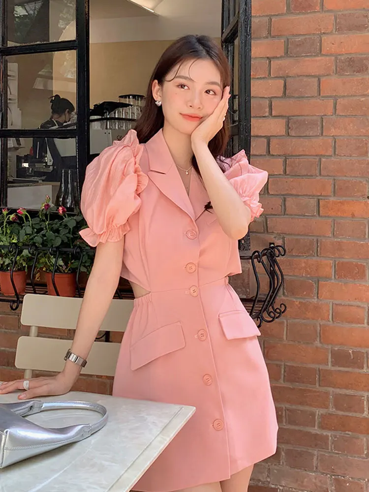 

Korea Office Lady Pink Dress Vintage Button A Line Puff Sleeve Turn Down Collar Dress Sundress Princess French Elegant Vestido