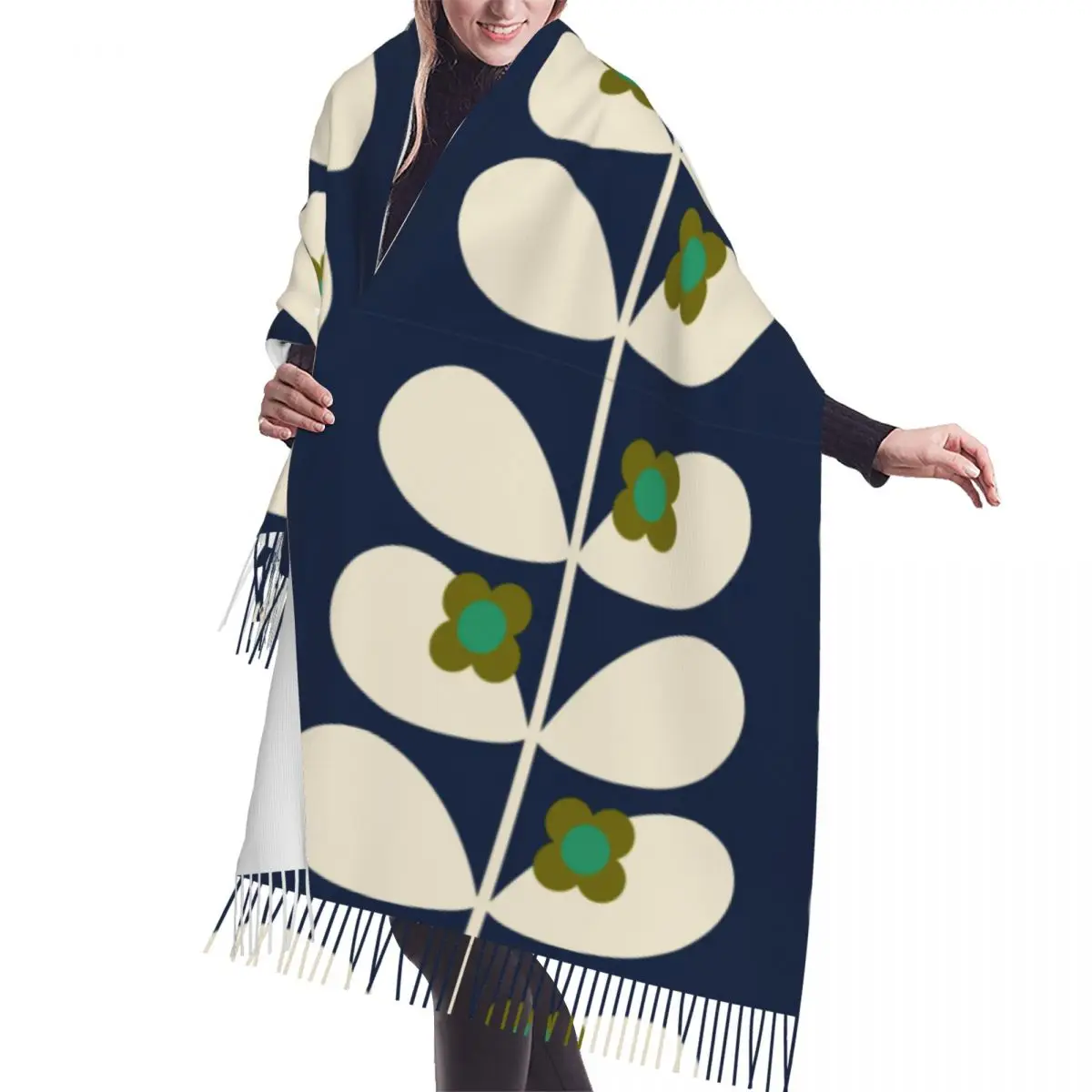 Fashion-Print-Wild-Rose-Stem-Navy-Orla-Kiely-Tassel-Scarf-Women-Winter ...