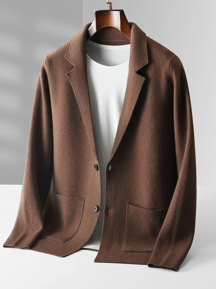ANGEL Men's Turn-down Collar Cardigan 100% Merino Wool Sweaters Smart Casual Thick Knit Jacket  Autumn Winter Warm Cashmere Coat 5