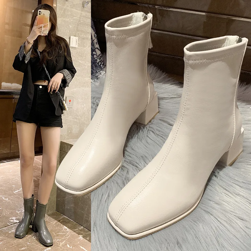 Brand Square Toe Short Boots Women's 2022 Autumn and Winter New Plus Velvet Square Heel  Boots Rear Zipper Thin Boots Women