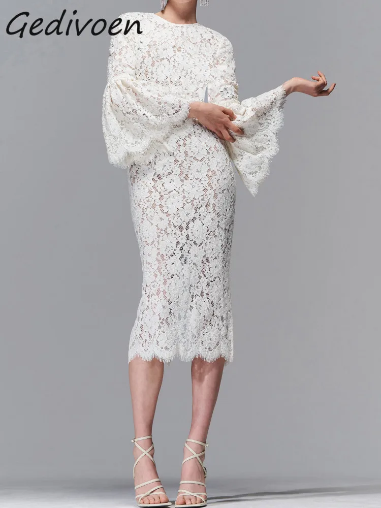 

Gedivoen Fashion Designer Summer Elegant Slim Dress Women Flare Sleeve High Waist Lace Hollow Slit Party Beige Midi Short Dress