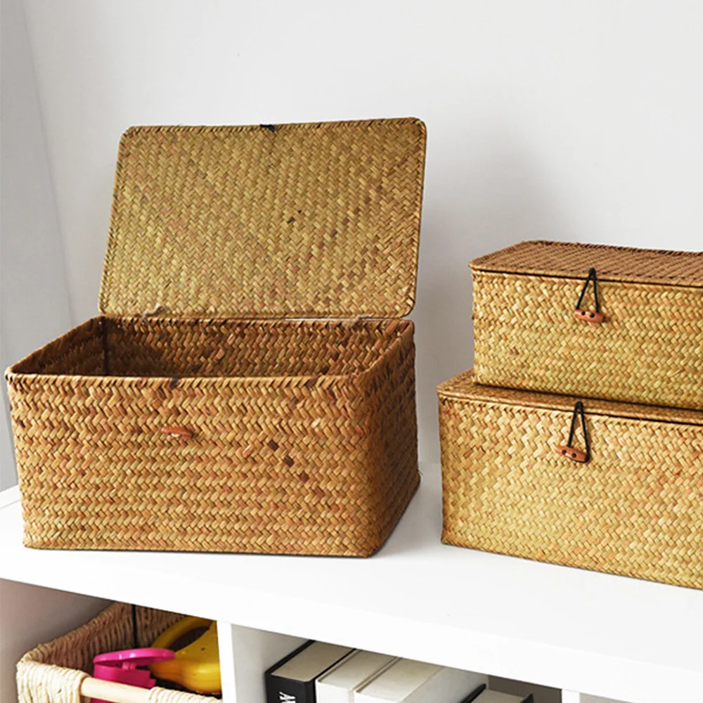Wicker Rattan Woven Storage Basket Daily Home Wardrobe Clothing Grocery Laundry Basket With Lid Desktop Cosmetics Storage Box 5