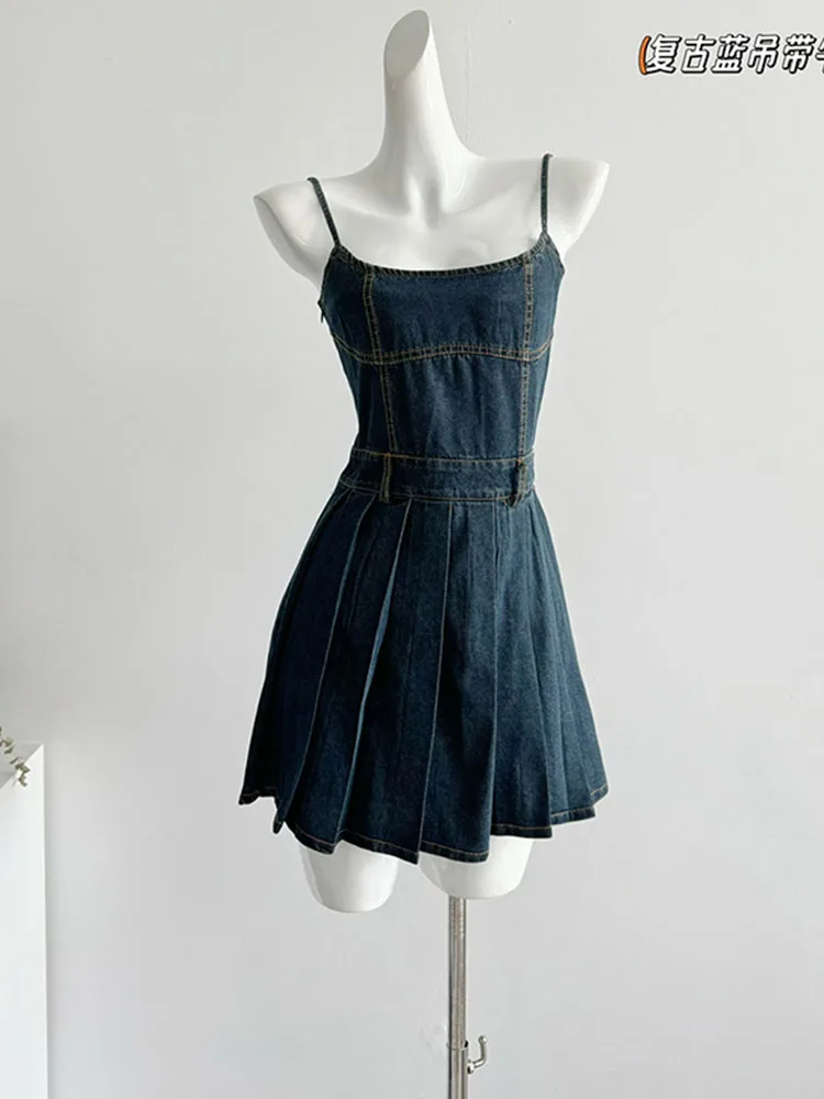 

American Style Vintage Blue Sleeveless Spaghetti Strap Dress Women New Design Slim Sexy One-Piece Jean Frocks Y2k Summer Fashion