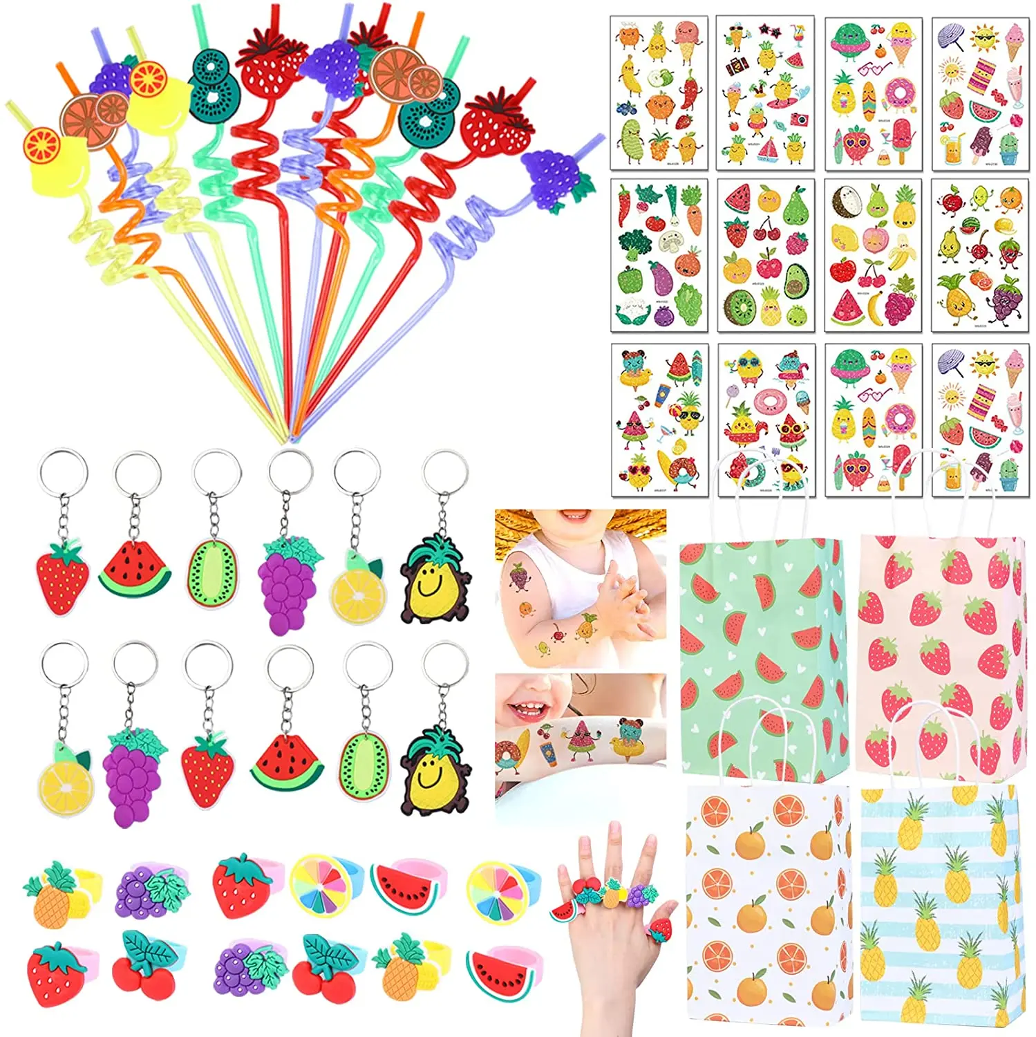 

Fruit Party Favors Kids Birthday Supplies Fruit Theme Paper Gift Bags Strawberry Keychains Party Straws Rings Tattoo for Girls