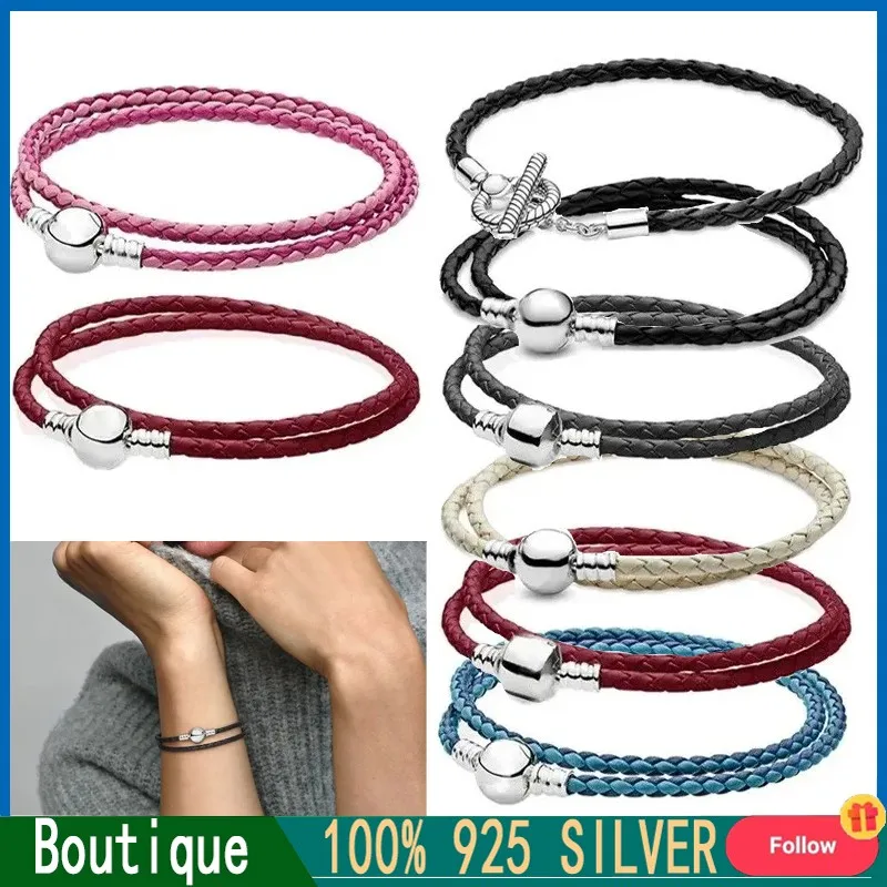 New High Quality Women's Bracelet 100% 925 Silver Original Logo Moments Leather Double sided Women's Bracelet DIY Jewelry 100pieces necklace keychain card kraft paper hanging jewelry tag double sided