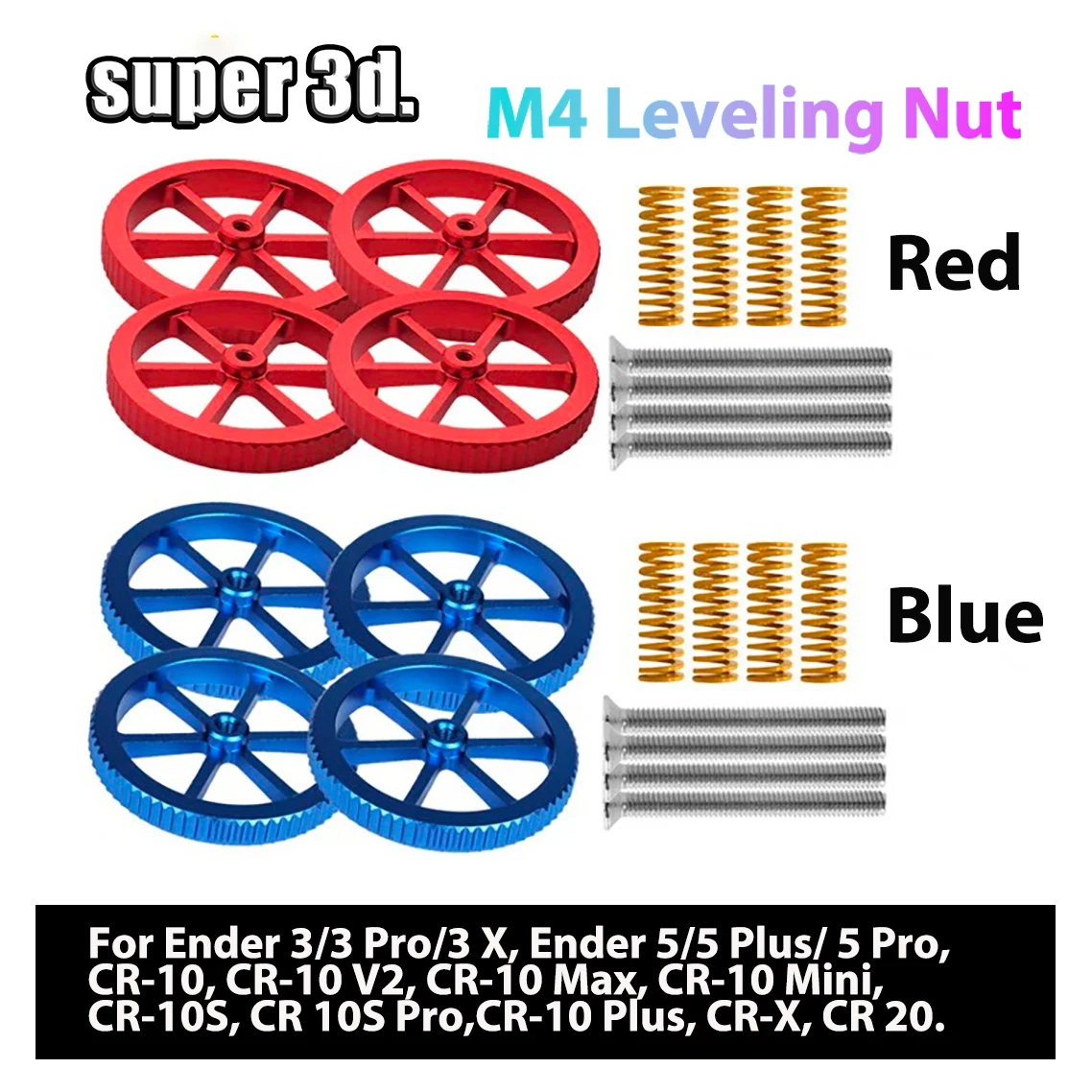 4PCS Upgraded Aluminum Hand Twist Leveling Nut with Hot Bed Die Springs and M4 Screws For  Ender 3/5 Pro CR-20 3d Printer Parts 4pcs printer hot bed screws nuts compression mould die springs screws nuts